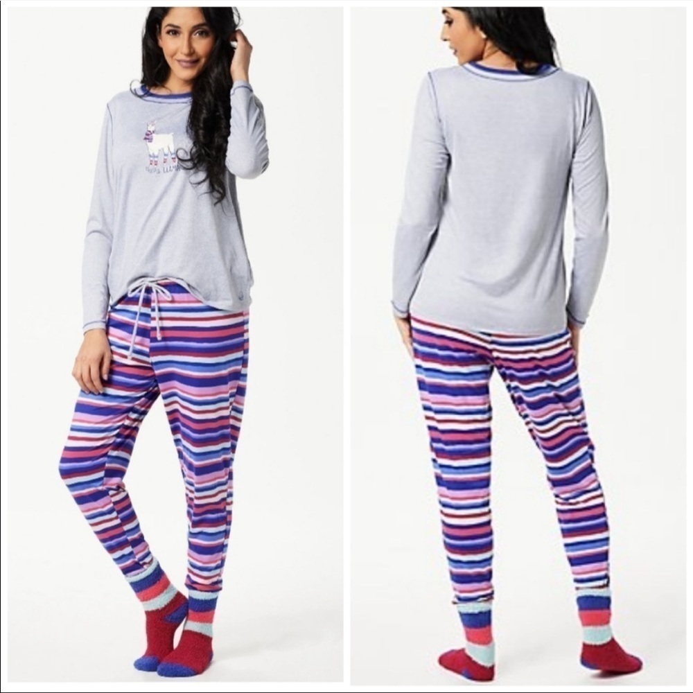 CUDDL Duds Llama Print Jersey Pajama Set With Cozy Socks Size Small New